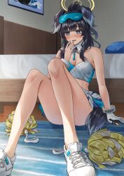 Rule 34 | 1girl, absurdres, animal ears, bare legs, bare shoulders, bed, black hair, blue archive, blue eyes, blush, breasts, bright pupils, cleavage, commentary request, convenient leg, dog ears, dog tail, gloves, goggles, goggles on head, halo, hibiki (blue archive), hibiki (cheer squad) (blue archive), highres, indoors, knees up, looking ahead, mayu (maayuu0207), medium breasts, millennium cheerleader outfit (blue archive), official alternate costume, pom pom (cheerleading), ponytail, shoes, single glove, sitting, sneakers, solo, star (symbol), sticker on face, sweat, tail