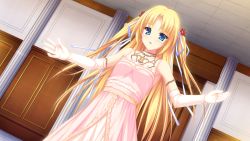 Rule 34 | 1girl, blonde hair, blue eyes, blush, collarbone, dress, female focus, flower, game cg, gloves, hair ornament, highres, long hair, mel carlyle, open mouth, ribbon, room, ryuuyoku no melodia, solo, tenmaso, twintails, whirlpool (studio), white gloves