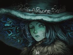 Rule 34 | 1girl, blue hair, cloak, closed mouth, colored skin, cracked skin, elden ring, extra faces, fur cloak, green eyes, green skin, hat, highres, hushpuppyart, looking at viewer, one eye closed, portrait, ranni the witch, signature, solo, witch hat