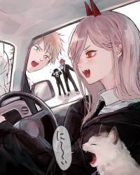 Rule 34 | 2girls, 3boys, :d, :o, black hair, blonde hair, car interior, cat, chainsaw man, denji (chainsaw man), fangs, formal, from side, grey cat, hands on own head, higashiyama kobeni, highres, horns, meowing, meowy (chainsaw man), multiple boys, multiple girls, open mouth, outstretched arm, pink hair, plague doctor mask, power (chainsaw man), red eyes, red horns, sharp teeth, smile, speech bubble, steering wheel, suit, teeth, uzura (piroro-foo), violence fiend (chainsaw man), white background