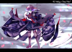 Rule 34 | 10s, 1girl, abyssal ship, alternate color, aqua eyes, bad id, bad pixiv id, bare shoulders, boots, brown hair, glowing, glowing eyes, hairband, hiei (kancolle), jewelry, kantai collection, leaf, letterboxed, looking at viewer, machinery, nontraditional miko, ring, sakura romu, short hair, skirt, smile, solo, thigh boots, thighhighs, wedding band, wide sleeves