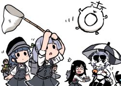 Rule 34 | 4girls, :o, abyssal ship, arare (kancolle), asashio (kancolle), black hair, blush, butterfly net, chibi, colored skin, dress, enemy lifebuoy (kancolle), eyewear on head, fairy (kancolle), food, food in mouth, grey hair, hand net, hat, holding, kantai collection, long hair, long sleeves, military, military vehicle, motor vehicle, multiple girls, ooshio (kancolle), open mouth, pale skin, pinafore dress, school uniform, short hair, simple background, sleeveless, sleeveless dress, sunglasses, supply depot princess, supply depot summer princess, tank, terrajin, twintails, white background, white hair, white skin