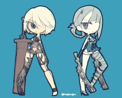 Rule 34 | 2girls, :/, a2 (nier:automata), android, arm warmers, bandaged leg, bandages, black footwear, black gloves, black legwear, blue background, blue eyes, braid, braided hair rings, chibi, chromatic aberration, closed mouth, dual wielding, elbow gloves, gloves, grey hair, hair rings, high heels, holding, holding sword, holding weapon, joints, kaine (nier), legs apart, lingerie, multiple girls, negligee, nier, nier:automata, nier (series), pigeon-toed, purple eyes, robot joints, shoes, short hair, single braid, single thighhigh, standing, sunagimo (nagimo), sword, thighhighs, twitter username, underwear, weapon, white hair