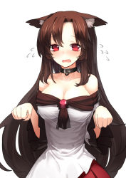 Rule 34 | 1girl, animal collar, animal ears, arms at sides, bare shoulders, blouse, breasts, brooch, brown hair, cleavage, clenched hands, collar, collarbone, dress, ears down, embarrassed, fang, flying sweatdrops, frilled sleeves, frills, highres, imaizumi kagerou, jewelry, large breasts, long hair, long sleeves, looking at viewer, off-shoulder dress, off shoulder, open mouth, paw pose, pleated skirt, red eyes, red skirt, sh (shinh), shirt, skirt, skirt set, slit pupils, solo, touhou, upper body, wavy mouth, white shirt, wide sleeves, wolf ears
