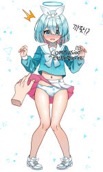 Rule 34 | 1boy, 1girl, ^^^, arona (blue archive), bad id, bad pixiv id, blue archive, blue eyes, blue hair, blue shirt, blush, bow, bow panties, braid, choker, clothes lift, commentary request, commission, disembodied limb, full body, hair ribbon, hairband, halo, hands up, highres, knees together feet apart, kubong, lifting another&#039;s clothes, long sleeves, midriff peek, multicolored hair, navel, nose blush, open mouth, panties, pigeon-toed, pink hair, pleated skirt, polka dot, polka dot panties, puffy long sleeves, puffy sleeves, ribbon, sailor collar, shirt, shoes, simple background, single braid, skirt, skirt lift, solo focus, standing, sweat, tears, translation request, two-tone hair, underwear, white background, white choker, white footwear, white hairband, white panties, white ribbon, white sailor collar, white skirt