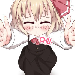Rule 34 | 1girl, black dress, blonde hair, blush, carry me, dress, closed eyes, facing viewer, from above, hair ribbon, kiss, outstretched arms, razy (skuroko), ribbon, rumia, short hair, smile, solo, touhou