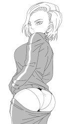 Rule 34 | 1girl, android 18, ass, blonde hair, breasts, dragon ball, highres, huge ass, large breasts, panties, smile, solo, tagme, thick thighs, thighs, underwear, white background, xenodoujin