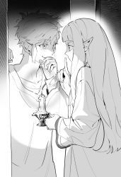 Rule 34 | 1boy, 1girl, alternate costume, candle, closed mouth, commentary request, finger to mouth, fingernails, gam922, greyscale, holding, holding candle, index finger raised, indoors, korean commentary, link, long hair, looking at another, monochrome, nintendo, pointy ears, princess zelda, short hair, shushing, smile, the legend of zelda, the legend of zelda: skyward sword, very long hair