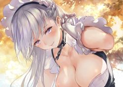 Rule 34 | 1girl, azur lane, belfast (azur lane), blush, braid, breasts, chain, choker, cleavage, closed mouth, collarbone, dusk, french braid, gloves, hand to head, large breasts, leaning forward, long hair, looking at viewer, maid, maid headdress, outdoors, ponzu (catponz), purple eyes, silver hair, sky, smile, solo, tree, upper body, white gloves