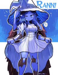 Rule 34 | 1girl, absurdres, blue eyes, blue hair, blue skin, blush, breasts, brown cape, cape, cloak, clothes lift, colored skin, doll joints, dress, dress lift, elden ring, extra arms, extra faces, from software, fur cape, fur cloak, hat, highres, joints, large breasts, long hair, long sleeves, looking at viewer, one eye closed, outline, rain, ranni the witch, sky, tony welt, water drop, white dress, white headwear, witch, witch hat