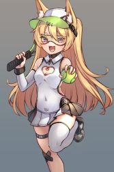 Rule 34 | 1girl, :d, animal ear fluff, animal ears, azur lane, bache (azur lane), bache (showy sports star) (azur lane), ball, black footwear, blonde hair, blush, breasts, cleavage, cleavage cutout, clothing cutout, collared shirt, commentary, detached sleeves, english commentary, fangs, goggles, green-tinted eyewear, green-tinted glasses, grey background, hat, heart cutout, highres, holding, holding ball, kemonomimi mode, long hair, long sleeves, looking at viewer, miya (miyaruta), open mouth, pleated skirt, purple eyes, racket, shirt, shoes, simple background, single thighhigh, skirt, sleeveless, sleeveless shirt, small breasts, smile, solo, standing, standing on one leg, sunglasses, tennis ball, tennis racket, thighhighs, tinted eyewear, two side up, very long hair, visor, visor cap, white hat, white shirt, white skirt, white sleeves, white thighhighs