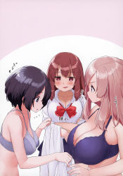 Rule 34 | 3girls, absurdres, bare back, bare shoulders, black bra, black hair, blush, bow, bowtie, bra, breast awe, breast envy, breasts, brown eyes, brown hair, cleavage, collarbone, crossed arms, flying sweatdrops, grey bra, highres, holding, holding clothes, holding shirt, jitome, kaisen chuui, large breasts, long hair, looking at another, looking to the side, medium breasts, multiple girls, non-web source, original, page number, purple eyes, red bow, red neckwear, shirt, short hair, translated, two-tone background, underwear, underwear only, upper body