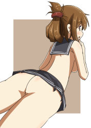 Rule 34 | 10s, 1girl, adapted uniform, ass, bad id, bad pixiv id, blush, breasts, brown eyes, brown hair, dutch angle, folded ponytail, from below, highres, inazuma (kancolle), kantai collection, naruse mai, no panties, open mouth, school uniform, serafuku, solo, white background
