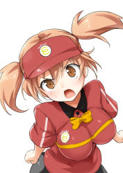 Rule 34 | 1girl, aged up, alternate breast size, blush, breasts, brown eyes, brown hair, clothes writing, employee uniform, fast food uniform, hataraku maou-sama!, large breasts, oozora itsuki, open mouth, polo shirt, sasaki chiho, short hair, short twintails, simple background, solo, twintails, uniform, visor cap, white background