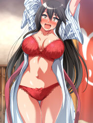 Rule 34 | 1girl, absurdres, alternate costume, arms up, bath yukata, black hair, blush, bouncing breasts, bra, breasts, brown eyes, cleavage, commentary request, commission, dilated pupils, feet out of frame, haruna (kancolle), highres, japanese clothes, kantai collection, kimono, large breasts, long hair, mouth hold, nose blush, open clothes, open kimono, open mouth, panties, pixiv commission, red bra, red panties, solo, surprised, thigh gap, underwear, yukata, zanntetu
