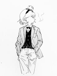 Rule 34 | 1other, absurdres, alternate costume, androgynous, belt, bow, bowtie, buttons, cigarette, collared shirt, dice hair ornament, double-breasted, greyscale, gud 490811, hair ornament, hairband, hands in pockets, high collar, highres, jacket, len&#039;en, long sleeves, monochrome, open clothes, open jacket, other focus, pants, shirt, short hair, simple background, smoking, solo, striped clothes, striped jacket, vertical-striped clothes, vertical-striped jacket, vest, white background, xeno a