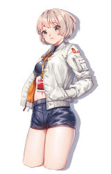 Rule 34 | 1girl, blush, brown eyes, closed mouth, cropped legs, fangxiang cuoluan, grey hair, hands in pocket, hands in pockets, highres, jacket, lanyard, looking at viewer, navel, open clothes, open jacket, original, race queen, short hair, short shorts, shorts, simple background, solo, tank top, thighs, white background