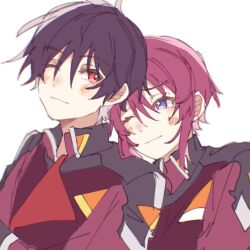 1boy 1girl ahoge black_hair blush closed_mouth compass_uniform couple er1ji6ou2004 gundam gundam_seed gundam_seed_freedom hetero long_sleeves lunamaria_hawke military military_uniform one_eye_closed purple_eyes purple_hair red_eyes shinn_asuka short_hair smile