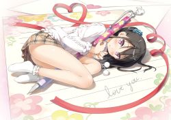 Rule 34 | 1girl, bare legs, black hair, blush, english text, hair ornament, hair scrunchie, heart, highres, holding, holding pen, kantoku, long sleeves, looking at viewer, lying, mini person, minigirl, miniskirt, no shoes, on side, original, parted lips, pen, pink eyes, plaid, plaid skirt, pom pom (clothes), red ribbon, ribbon, scrunchie, shizuku (kantoku), short hair, side ponytail, skirt, socks, solo, sweater, white socks, white sweater