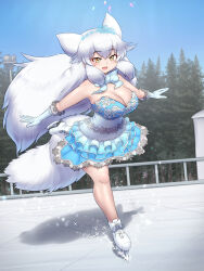 Rule 34 | animal ears, arctic fox (kemono friends), breasts, cleavage, commentary request, dress, figure skating, fox ears, fox girl, fox tail, gloves, highres, ice skates, ice skating, kemono friends, large breasts, lens flare, long hair, mo23, open mouth, outstretched arms, short dress, skates, skating, smile, spread arms, tail, tree, very long hair, white gloves, white hair, yellow eyes