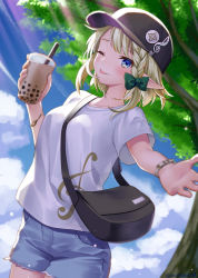 Rule 34 | 1girl, ;p, bag, baseball cap, black hat, blonde hair, blue eyes, blue shorts, blue sky, blurry, blurry background, blush, bow, braid, breasts, bubble tea, closed mouth, cloud, cloudy sky, collarbone, commentary request, copyright request, cup, day, denim, denim shorts, depth of field, disposable cup, drinking straw, dutch angle, green bow, hair bow, hat, holding, holding cup, medium breasts, ne-on, one eye closed, outdoors, pointy ears, shirt, short shorts, short sleeves, shorts, shoulder bag, side braid, single braid, sky, smile, solo, tongue, tongue out, treble clef, tree, virtual youtuber, watch, white shirt, wristwatch