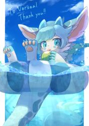 Rule 34 | 1other, animal ears, animal feet, animal hands, artist name, blue eyes, blue fur, blue hair, blue horns, blue sky, blue theme, blush, body fur, bubble, claws, closed mouth, cloud, coconut, coconut cup, commission, day, drink, drinking, drinking straw, english text, food, fruit, furry, hands up, highres, holding, holding drink, holding food, holding fruit, horns, ikei, innertube, leaning forward, light blush, looking at viewer, original, other focus, outdoors, outside border, partially underwater shot, pawpads, pillarboxed, short hair, sidelocks, signature, sitting, skeb commission, sky, solo, swept bangs, swim ring, tail, thank you, two-tone fur, water, white fur
