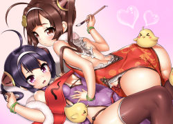 Rule 34 | &gt; &lt;, 2girls, ahoge, ass, azur lane, back, backless dress, backless outfit, bird, bird hair ornament, black hair, black legwear, blush, blush stickers, breasts, breasts apart, brown eyes, brown hair, chick, china dress, chinese clothes, cleavage, covered navel, derivative work, dress, female focus, flat chest, fur trim, girl on top, gradient background, hair ornament, hairband, halterneck, heart, highres, holding, holding paintbrush, looking at viewer, lying, medium breasts, multiple girls, ning hai (azur lane), on back, oooqqq, open mouth, paintbrush, panties, ping hai (azur lane), purple eyes, siblings, side-tie panties, sisters, thighhighs, underwear
