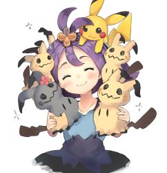 Rule 34 | 1girl, :3, ^ ^, acerola (pokemon), blue dress, blush, closed eyes, closed mouth, collarbone, commentary request, creatures (company), dress, elite four, facing viewer, game freak, gen 1 pokemon, gen 7 pokemon, hair ornament, head tilt, highres, holding, mimikyu, nintendo, on head, pikachu, pokemon, pokemon (anime), pokemon (creature), pokemon sm (anime), purple hair, ranf, short hair, simple background, trial captain, white background