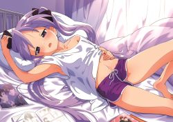 Rule 34 | 1girl, arm up, armpits, barefoot, bed, bedroom, black ribbon, blush, collarbone, commentary request, curtains, foot out of frame, fujoshi, hair ribbon, hand on own stomach, head on pillow, hiiragi kagami, ichimi renge, indoors, knee up, koizumi itsuki, kyon, long hair, looking at viewer, lucky star, lying, manga (object), midriff, navel, on back, on bed, open mouth, photo (object), pillow, purple eyes, purple hair, purple shorts, ribbon, second-party source, shirt, short sleeves, shorts, single bare shoulder, solo, suzumiya haruhi no yuuutsu, thighs, toes, twintails, very long hair, white shirt, yaoi