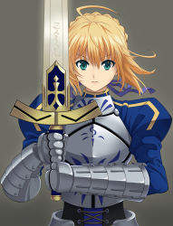 Rule 34 | 1girl, ahoge, armor, armored dress, artoria pendragon (all), artoria pendragon (fate), blonde hair, dress, excalibur (fate/stay night), fate/zero, fate (series), fighting stance, gauntlets, green eyes, grey background, hair ribbon, juliet sleeves, long sleeves, puffy sleeves, ribbon, saber (fate), seven (11), simple background, solo, sword, weapon