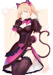 Rule 34 | 1girl, animal ears, argyle, argyle clothes, argyle legwear, beige background, black cat d.va, black dress, black gloves, black panties, blonde hair, border, bow, bowtie, breasts, cai yuan, cat ears, cat tail, checkered clothes, checkered legwear, cleavage, clothes lift, corset, cowboy shot, d.va (overwatch), dress, dress lift, earrings, fake animal ears, gloves, hairband, heart, heart earrings, highres, jewelry, lolita fashion, looking at viewer, medium breasts, medium hair, official alternate costume, open mouth, overwatch, overwatch 1, panties, pink bow, puffy short sleeves, puffy sleeves, ruffling hair, short sleeves, simple background, solo, tail, thighhighs, twintails, underwear, white border, yellow eyes