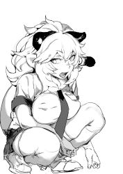 Rule 34 | 10s, 1girl, absurdres, animal ears, breast pocket, breasts, fingernails, full body, greyscale, hair between eyes, highres, hiranko, kemono friends, large breasts, lion (kemono friends), lion ears, lion tail, long hair, looking at viewer, monochrome, open mouth, pleated skirt, pocket, shoes, short sleeves, simple background, skindentation, skirt, slit pupils, solo, squatting, tail, thighhighs, white background