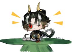 Rule 34 | 1boy, :&lt;, arknights, artist name, black coat, black hair, bowl, brown hair, chibi, chinese commentary, chong yue (arknights), closed mouth, coat, commentary request, dragon boy, dragon horns, dragon tail, earrings, full body, gradient hair, green eyes, grey hair, hands up, highres, horns, jewelry, long hair, long sleeves, looking at viewer, low ponytail, male focus, multicolored eyes, multicolored hair, nine5895254196, one eye closed, pointy ears, red eyes, rice, simple background, sitting, slit pupils, solo, streaked hair, table, tail, twitter username, white background, wide sleeves