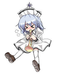 Rule 34 | &gt; &lt;, :t, blowing, blue hair, chibi, dress, closed eyes, hat, highres, instrument, juliet sleeves, koissa, long sleeves, merlin prismriver, puffy sleeves, short hair, solo, thighhighs, touhou, trumpet, white background, white dress, white thighhighs