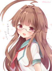 Rule 34 | 10s, 1girl, :d, ahoge, bad id, bad nicoseiga id, brown eyes, brown hair, glasses, glasses day, huge ahoge, kantai collection, kuma (kancolle), long hair, looking at viewer, masayo (gin no ame), md5 mismatch, neckerchief, open mouth, red-framed eyewear, resized, sailor collar, school uniform, serafuku, shirt, short sleeves, simple background, smile, solo, sparkle, translated, twitter username, upscaled, white background