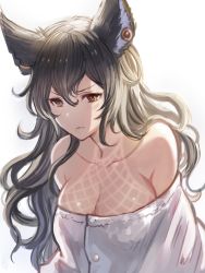 Rule 34 | 1girl, animal ears, bare shoulders, black hair, breasts, buttons, cleavage, closed mouth, collarbone, earrings, erune, eustace-flamek, granblue fantasy, hair between eyes, highres, ilsa34660285, jewelry, large breasts, long hair, looking at viewer, off-shoulder shirt, off shoulder, red eyes, shirt, simple background, solo, tan, tanline, wavy hair, white background, white shirt