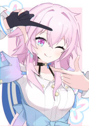Rule 34 | 1girl, absurdres, archery shooting glove, black choker, black gloves, blue eyes, blue jacket, blush, bra strap, breasts, buttons, choker, closed mouth, commentary, dress shirt, earrings, film grain, finger frame, gloves, gradient jacket, highres, honkai: star rail, honkai (series), jacket, jewelry, long sleeves, march 7th (honkai: star rail), medium breasts, medium hair, one eye closed, partially fingerless gloves, pink eyes, pink hair, pink jacket, qiao (pixiv 101355790), shirt, single earring, single glove, smile, solo, tied jacket, tongue, tongue out, underbust, upper body, white shirt