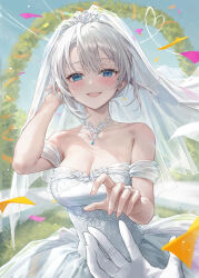 Rule 34 | 1boy, 1girl, arm up, bare shoulders, blue eyes, blue gemstone, breasts, bridal veil, cleavage, commentary request, cover, cover image, dress, floating hair, gem, hair between eyes, highres, jewelry, looking at viewer, medium breasts, necklace, novel illustration, off-shoulder dress, off shoulder, official art, open mouth, pov, pov hands, r o ha, ring, shimotsuki-san wa mob ga suki, shimotsuki shiho, short sleeves, smile, solo focus, standing, textless version, tiara, veil, wedding, wedding dress, wedding ring, white dress, white hair, white veil, wind
