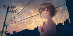 Rule 34 | 1girl, bob cut, bow, brown eyes, brown hair, cable, city, closed mouth, cloud, cloudy sky, collared shirt, crossed bangs, evening, hair between eyes, hand on own chest, looking at viewer, looking back, original, outdoors, power lines, red bow, red ribbon, ribbon, saban, school uniform, shirt, short hair, short sleeves, sky, smile, solo, traffic light, utility pole, white shirt