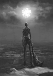 Rule 34 | 1boy, arms at sides, artist name, bald, bloodborne, cloud, commentary request, creature, facing away, from behind, full body, greyscale, highres, holding, holding weapon, horizon, male focus, monochrome, moon, ocean, orphan of kos, outdoors, solo, standing, tripdancer, water, weapon
