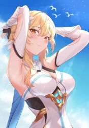 Rule 34 | 1girl, armpits, arms behind head, arms up, bird, black gloves, blonde hair, blue sky, blush, breasts, cloud, day, detached sleeves, dress, fingerless gloves, genshin impact, gloves, highres, looking at viewer, lumine (genshin impact), medium breasts, short hair, short hair with long locks, sky, sleeveless, sleeveless dress, solo, upper body, vic 1223, white dress, yellow eyes