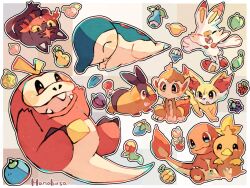 Rule 34 | animal focus, apicot berry, artist name, aspear berry, belue berry, berry (pokemon), bird, black skin, bluk berry, cat, charmander, cheri berry, chimchar, closed eyes, coba berry, colored sclera, colored skin, commentary request, creatures (company), cyndaquil, fennekin, fire, fox, fuecoco, game freak, gen 1 pokemon, gen 2 pokemon, gen 3 pokemon, gen 4 pokemon, gen 5 pokemon, gen 6 pokemon, gen 7 pokemon, gen 8 pokemon, hanabusaoekaki, highres, leppa berry, litten, lum berry, mago berry, monkey, nintendo, no humans, nutpea berry, open mouth, oran berry, orange fur, pecha berry, persim berry, pig, pinap berry, pokemon, pokemon (creature), rabbit, razz berry, scorbunny, sitting, solid oval eyes, tail, teeth, tepig, torchic, upper teeth only, upside-down, white background, white fur, yellow sclera