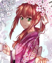 Rule 34 | 1girl, absurdres, alternate costume, brown hair, cherry blossoms, colored skin, commentary, cup, doki doki literature club, english commentary, floral print, from side, green eyes, hair ribbon, highres, japanese clothes, kimono, long hair, looking at viewer, monika (doki doki literature club), outstretched hand, petals, pink skin, ponytail, print kimono, ribbon, sidelocks, smile, solo, white ribbon, yaya chan, yukata
