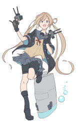 Rule 34 | 10s, 1girl, absurdres, abukuma (kancolle), abukuma kai ni (kancolle), bike shorts, black gloves, blonde hair, blue eyes, boots, bubble, cannon, fingerless gloves, full body, gloves, gun, hair between eyes, hair rings, highres, jacket, kantai collection, long hair, looking at viewer, open mouth, school uniform, short sleeves, shorts, shorts under skirt, simple background, skirt, solo, standing, standing on one leg, sweater, sy-l-via, twintails, very long hair, weapon, white background