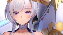 Rule 34 | 1girl, azur lane, bare shoulders, belfast (azur lane), braid, braided bun, closed mouth, commentary, english commentary, hair bun, looking at viewer, lordol, portrait, purple eyes, purple hair, smile, solo
