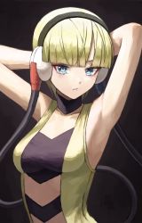 Rule 34 | 1girl, armpits, arms behind head, bare arms, blonde hair, blue eyes, blunt bangs, breasts, commentary request, creatures (company), elesa (pokemon), fagi (kakikaki), game freak, gym leader, headphones, looking at viewer, nintendo, parted lips, pokemon, pokemon bw, short hair, solo, upper body