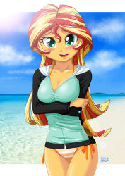 Rule 34 | absurdres, beach, bikini, blush, breasts, clothes, cloud, highres, jacket, looking at viewer, looking away, my little pony, my little pony: equestria girls, my little pony: friendship is magic, open mouth, sand, sky, solo, sunset shimmer, swimsuit, uotapo, water