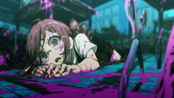 Rule 34 | 1girl, ahoge, black skirt, blood, blood on clothes, blood on face, blurry, blurry background, brown eyes, building, chair, classroom, colored blood, crying, dripping, enouchi ai, glasses, highres, indoors, long hair, mole, mole under mouth, on floor, open mouth, original, pink blood, purple blood, red hair, scissors, skirt, solo, table, tears, teeth, upper teeth only, window