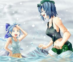 Rule 34 | 2girls, bad id, bad pixiv id, bloomers, cirno, hand on own hip, kawashiro nitori, koji (koji-a), multiple girls, navel, shorts, touhou, two side up, underwear, wading, water, wet, wet clothes, wings