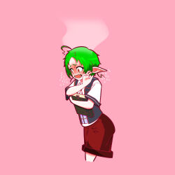 Rule 34 | 1girl, ahoge, alternate costume, blush, book, elf, embarrassed, full-face blush, green hair, head steam, highres, holding, holding book, mushoku tensei, pink background, pointy ears, red eyes, red shorts, shirt, short hair, shorts, simple background, solo, sylphiette (mushoku tensei), timushokutensei, vest, white shirt